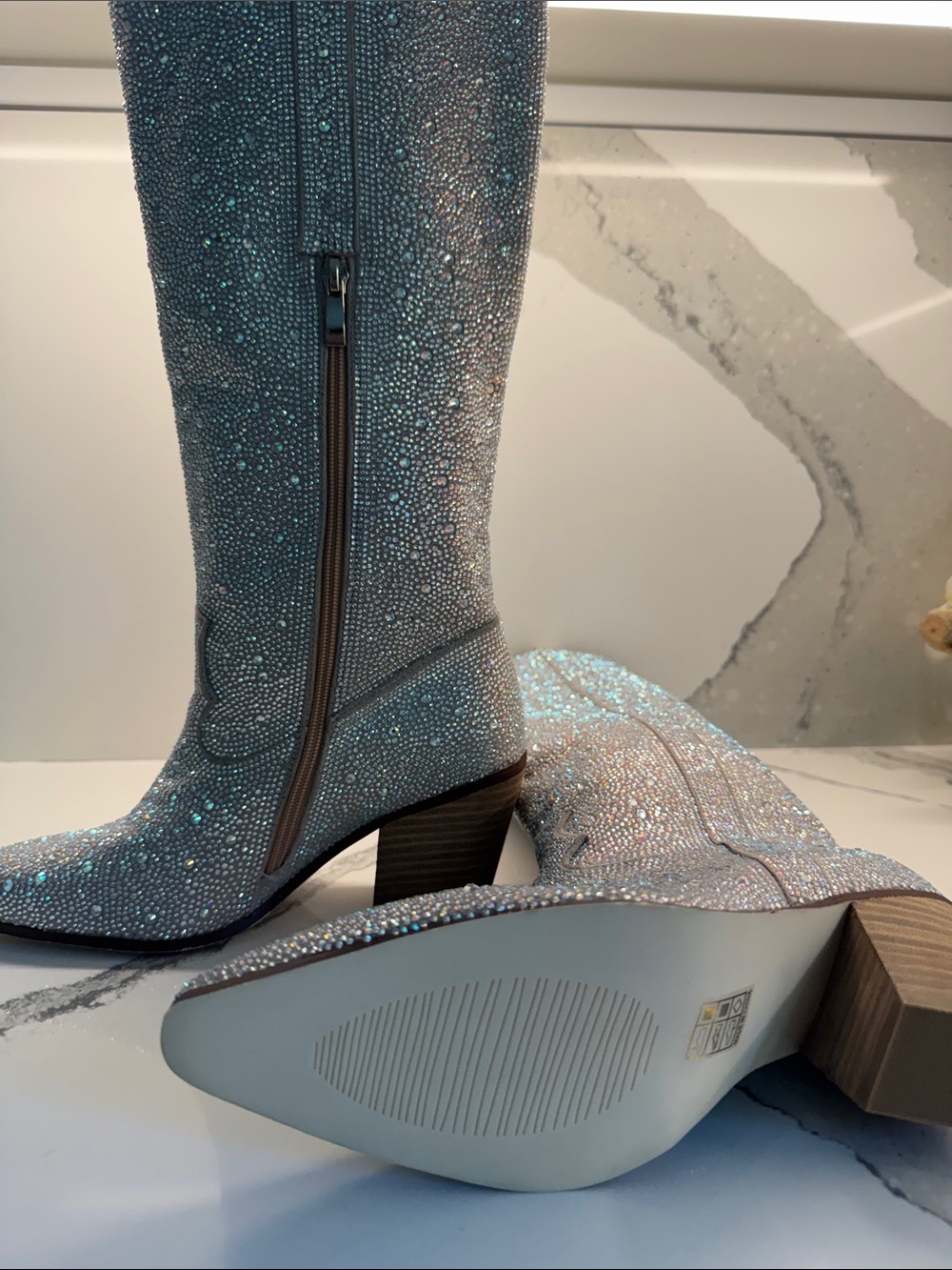 Aldo Iridescent Crystal-Embellished Mid-Calf Heeled Boots - Silver sparkly